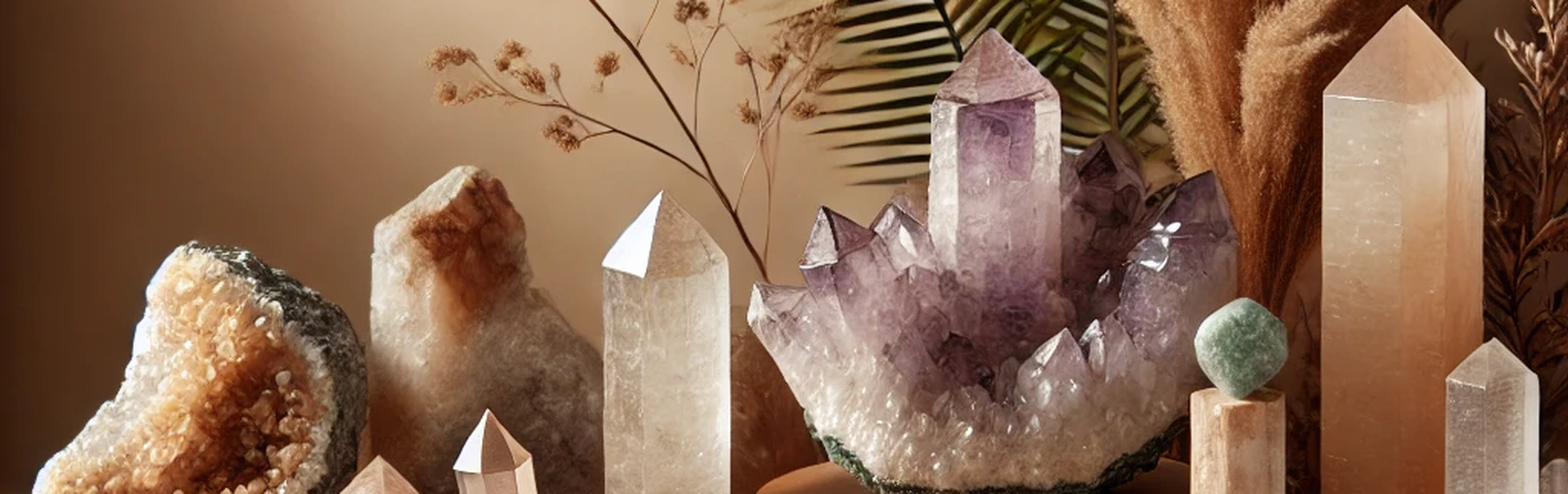 Collection de cristaux et pierres naturelles en pointes et géodes sur fond décoratif naturel