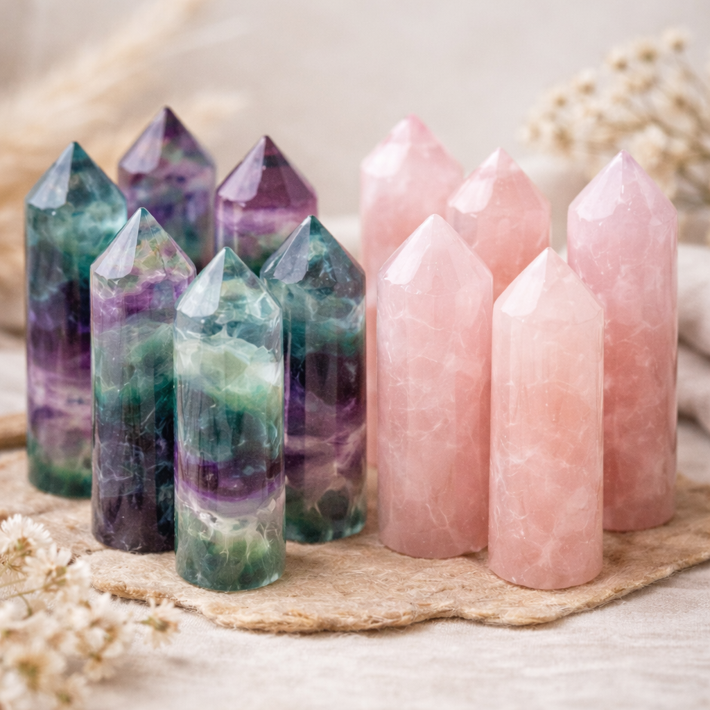 Pointes de fluorite et pointes de quartz rose naturelles disposées sur un fond épuré aux tons beige.