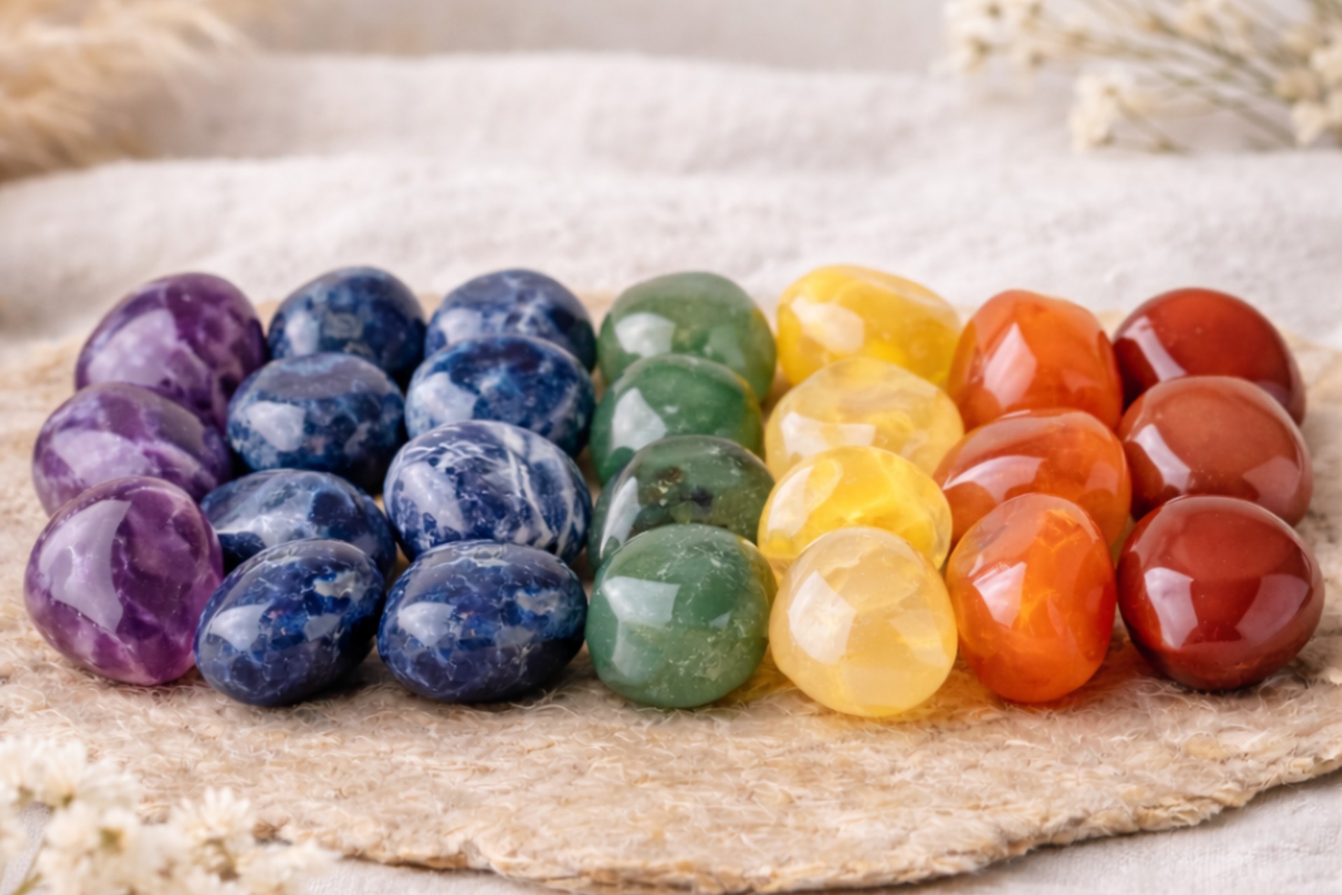 Pierres naturelles roulées représentant les 7 chakras, disposées en dégradé de couleurs sur un fond naturel épuré.