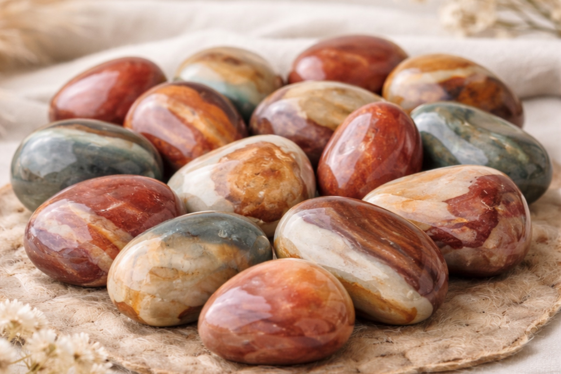 Pierres roulées de jaspe polychrome naturel aux nuances rouges, beige et gris disposées sur un fond naturel épuré.